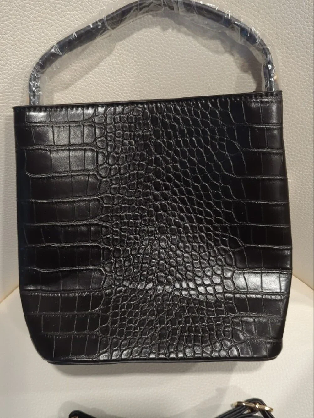 Croc-Embossed Black Crossbody Bag with Top Handle
